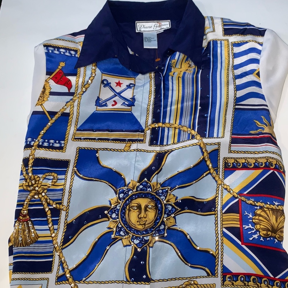 NWT silk Diane Gilman nautical sun shell shirt